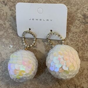 New! White Iridescent Sequin Disco Ball Earrings Rhinestone Sparkle Jewelry.